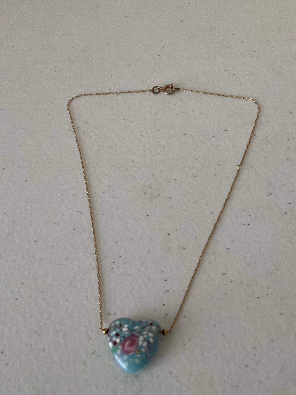 Delicate Gold Tone Chain Necklace with Blue Floral Heart Pendant